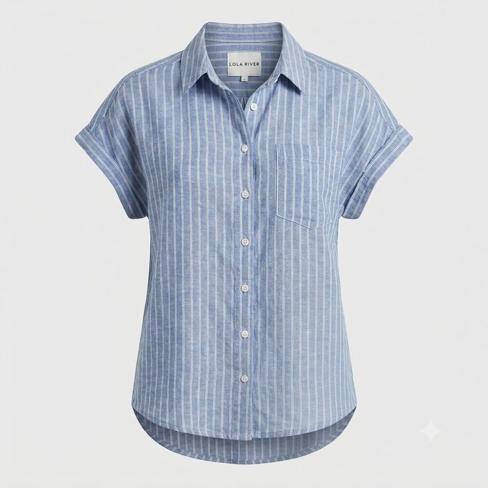 LOLA RIVER Blue White Striped Linen Blend Button Down Short Cap‎ Sleeve Shirt L